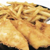 3Pc Cod Fish & Chips · Fresh hand battered icelandic cod fish served with reg fries, a breadroll, coleslaw, & tarte...