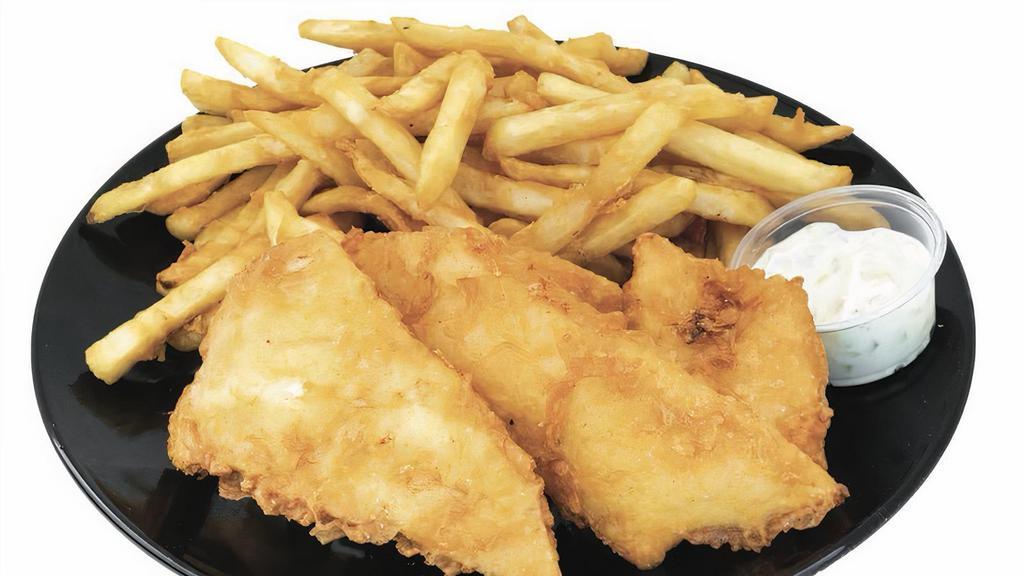 3Pc Cod Fish & Chips · Fresh hand battered icelandic cod fish served with reg fries, a breadroll, coleslaw, & tarter sauce