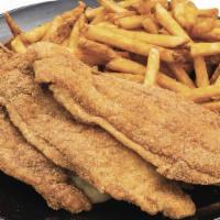 2Pc Catfish Dinner · Fresh hand battered stripped Catfish fish served with reg fries, a breadroll, coleslaw, & ta...