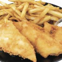 2Pc Cod Fish & Chips · Fresh hand battered icelandic cod fish served with reg fries, a breadroll, coleslaw, & tarte...