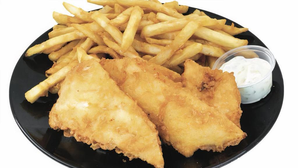 2Pc Cod Fish & Chips · Fresh hand battered icelandic cod fish served with reg fries, a breadroll, coleslaw, & tarter sauce