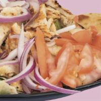 Grilled Chicken Salad · Grilled chicken breast, iceberg lettuce, tomatoes, cucumbers, onions & cheese