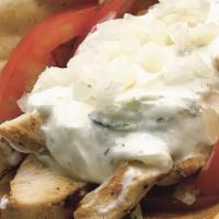 Chicken Gyro · Grilled Chicken gyro with housemade gyro saue, onions & tomatoes