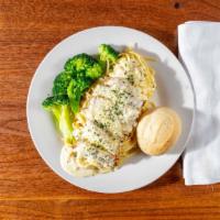 Chicken Alfredo · Tender Grilled Chicken with Linguini Pasta our Homemade Alfredo Sauce, Broccoli and Dinner R...