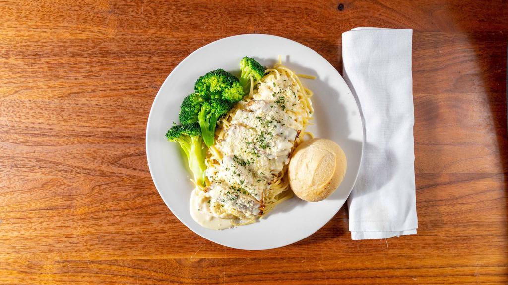 Chicken Alfredo · Tender Grilled Chicken with Linguini Pasta our Homemade Alfredo Sauce, Broccoli and Dinner Roll