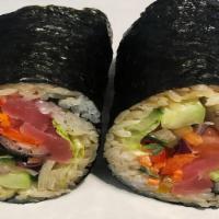 Sushi Burrito · Japanese style burrito with veggies and your choice of raw protein.