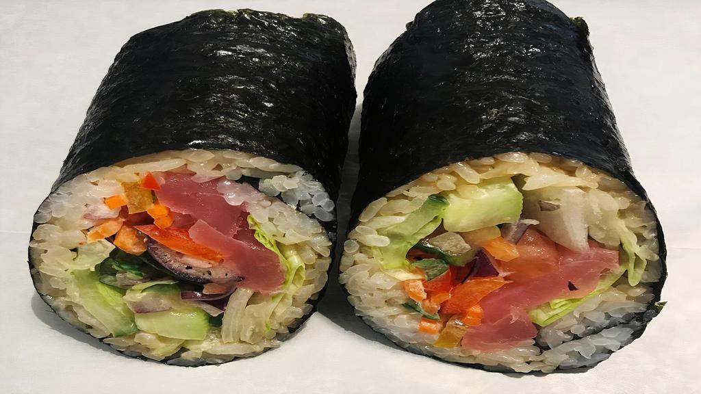 Sushi Burrito · Japanese style burrito with veggies and your choice of raw protein.