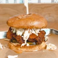 Sticky Chicky · Spicy Breaded Fried Chicken Thigh, Bell Pepper Aioli, Sweet & Spicy Pickles, Hot Maple Glaze...