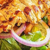 Chkn Casear Salad · Grilled chicken, romaine lettuce, parmesan cheese, red onion, croutons, served with Caesar d...