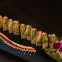 Caterpillar Roll · Cooked.  Long. Spicy tuna, shrimp tempura, chopped lettuce, cucumber wrapped with soybean pa...