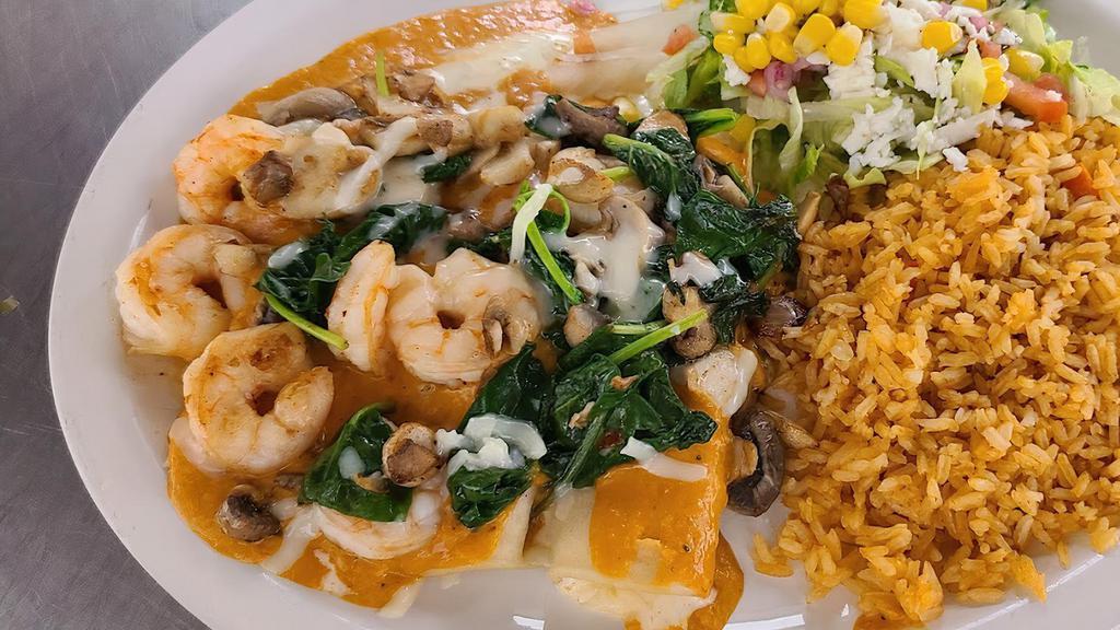 Shrimp Enchiladas · 3 cheese enchiladas topped with shrimp, fresh spinach, and mushrooms, served with rice, house salad.