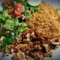 Chori-Pollo · Grilled chicken with chorizo and melted cheese on top. Served with rice, romaine mix, and gu...