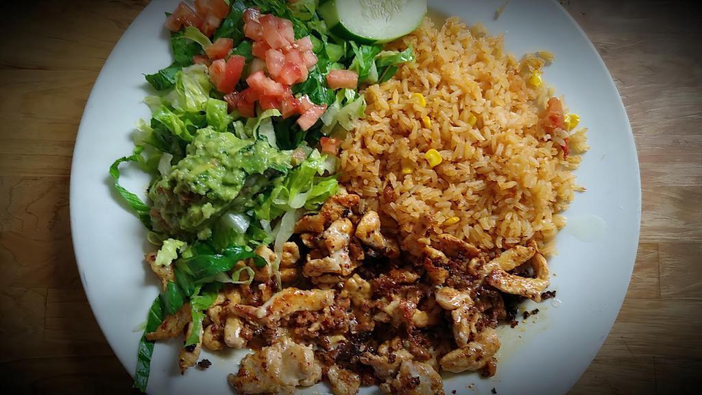 Chori-Pollo · Grilled chicken with chorizo and melted cheese on top. Served with rice, romaine mix, and guacamole.