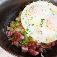 Heritage Hash · sweet potatoes, peppers, onions, poached eggs, bacon