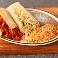 Tamale Platter · Two Tamales of your choice served with rice & beans.