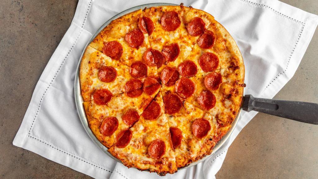 Pepperoni Pizza · Regular. Topped with our 100% natural, real cheese blend and loaded with spicy pepperoni.