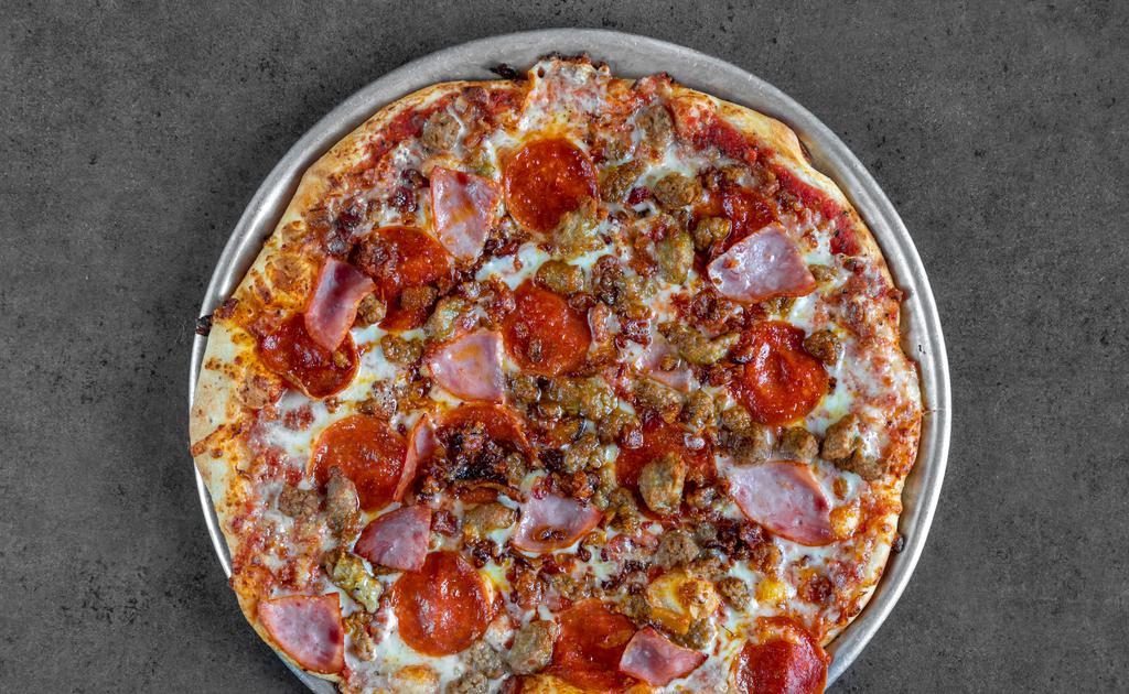 Heart Stopper · Regular. Topped with our 100% natural, real cheese blend, spicy pepperoni slices, our perfectly seasoned Italian sausage, ham, smoked bacon, and ground beef. Clear!!