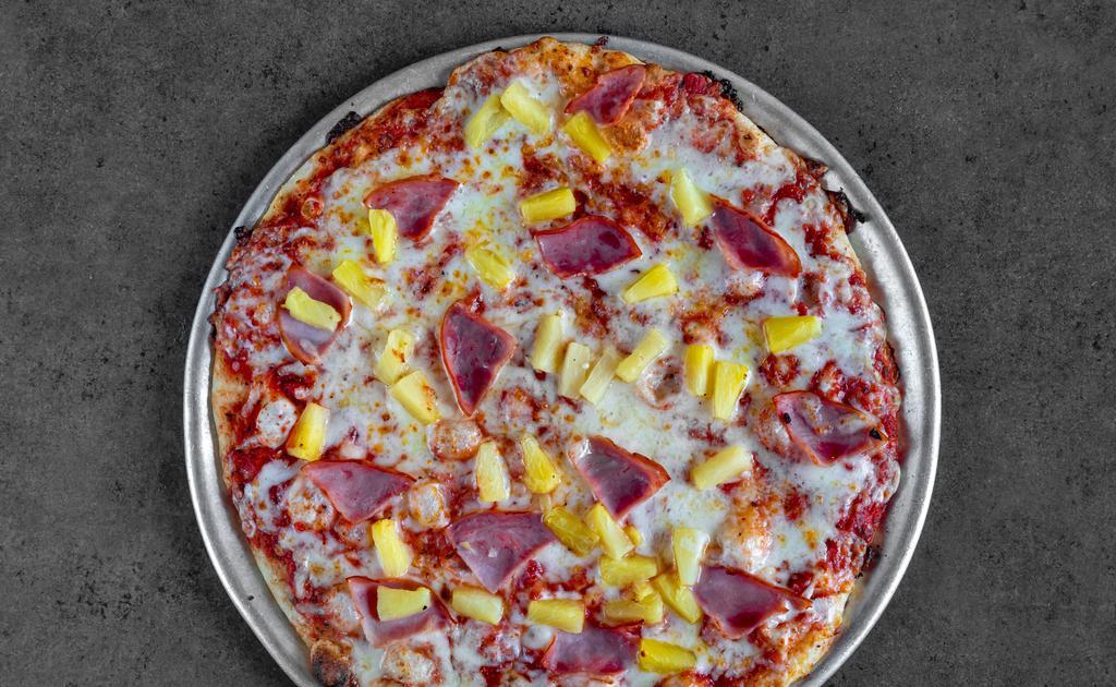 Hawaiian · Regular. Topped with our 100% natural, real cheese blend, ham, pineapple bits, and our signature pizza sauce.