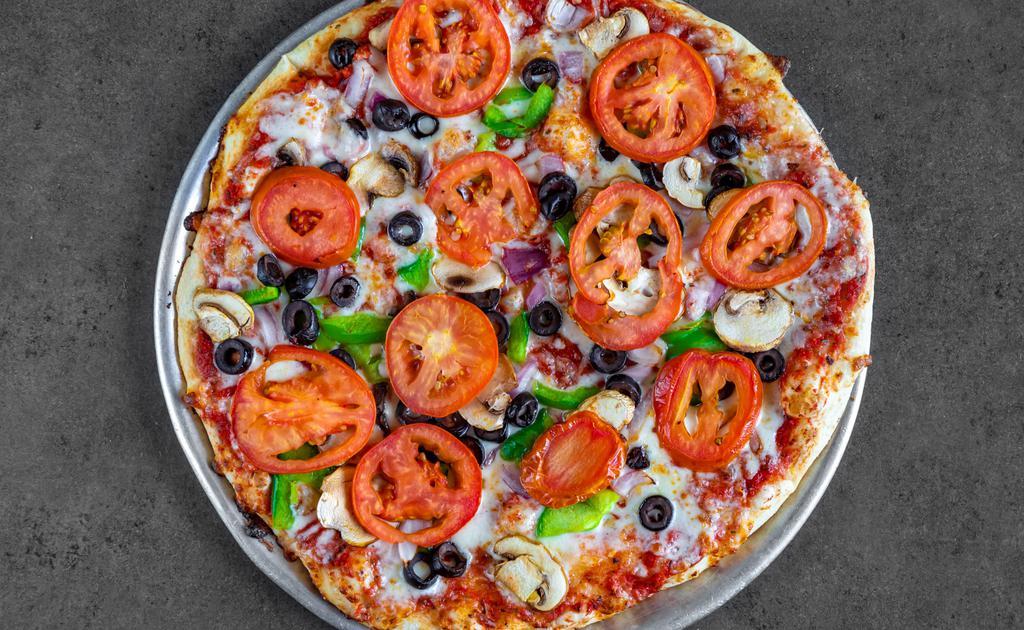 Garden Fresh · Regular. Topped with our 100% natural, real cheese blend featuring our 100% whole-wheat crust, topped with fresh green peppers, tomatoes, red onions, mushrooms, and black olives