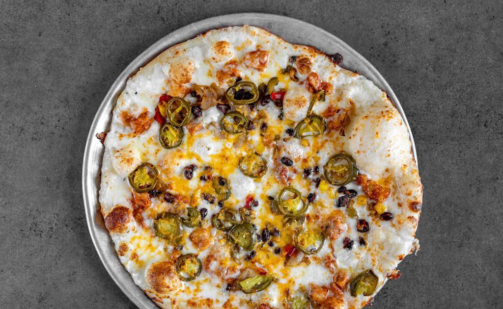 Spicy Southwest · Regular. Topped with our 100% natural, real cheese blend, marinated bbq chicken, black bean corn salsa, jalapeño peppers, plus our special ranch sauce with a sprinkle of real Wisconsin cheddar.