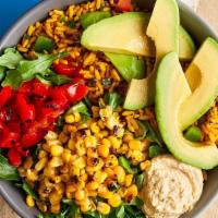 Avocado & Roasted Pepper Bowl · Avocado, roasted red peppers, cut grilled corn, hummus and arugula served over Portuguese ri...