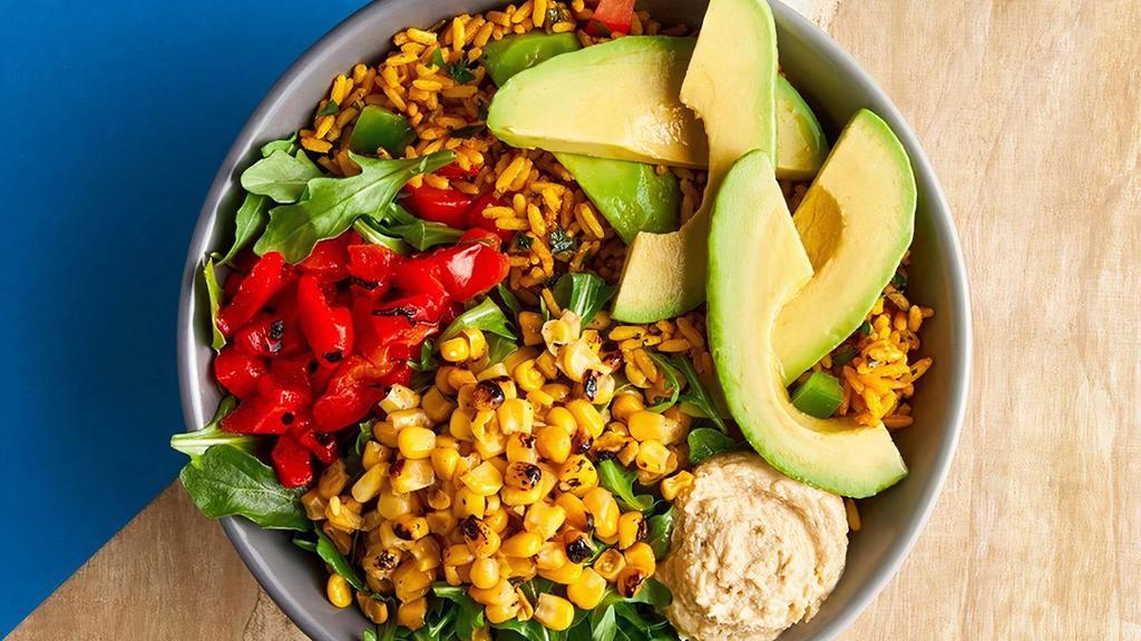 Avocado & Roasted Pepper Bowl · Avocado, roasted red peppers, cut grilled corn, hummus and arugula served over Portuguese rice.