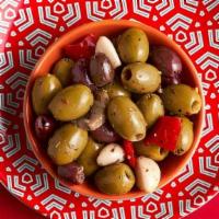 Spicy Mixed Olives · Green and black olives perked up with garlic, peppers and chilli. (May contain the occasiona...