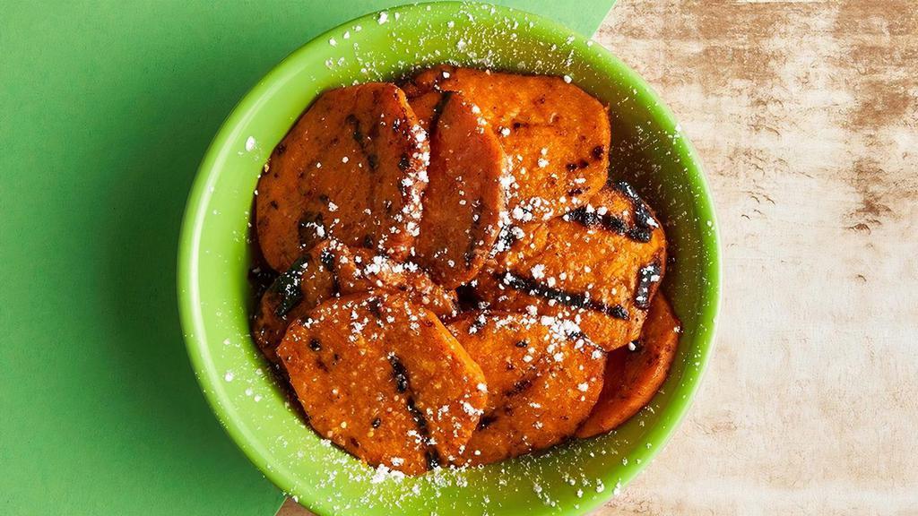 Charred Sweet Potato & Cinnamon Sugar · Farm fresh sweet potato slices cooked on our famous grill.  Want 'em sweeter?  Add cinnamon sugar.  (120 Cal)