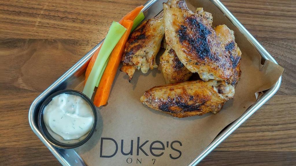Half Order Duke'S Wings · bone-in, smoked, grilled, tossed in one of. our signature sauces. served with ranch. or bleu cheese