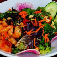 Thai Shrimp Salad · Sweet Thai shrimp, pickled carrot, tomato, radish, mint, cucumber, peanut, cilantro, Hoisin ...