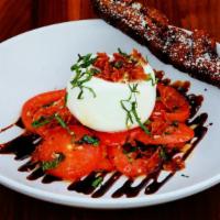 Buratta Caprese Salad · Marinated Roma Tomato, basil, Fried salami, balsamic glaze, crouton stick