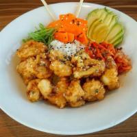 Korean Fried Cauliflower Bowl · Kimchi, carrots, edamame, avocado,. green onions, coconut rice
