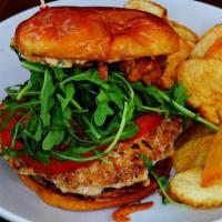 Spring Chicken Burger · Apple bacon spead, avocado, arugala, tomato, sage, pickled shallot