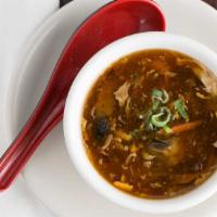 Hot & Sour Soup · Mild soy sauce base broth with tofu, egg, carrot, celery and mushroom.