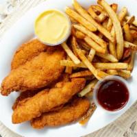 Breaded Chicken Fingers Basket With Fries · Boneless juicy chicken tenders (4 pieces) with a generous side of crispy french fries.
