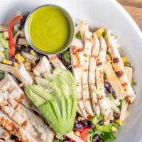 Lunch Mexican Caesar Salad · Chopped romaine, corn, whole black beans, julienne red pepper and jack cheese topped with sl...
