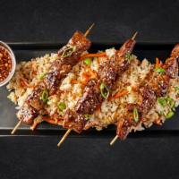 Skewers · Kung Pao Steak, Ginger chicken or Dragon shrimp with rice, Asian dipping sauce.