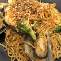 Seafood Stir Fry Ramen · Crab meat,  fish cake, mussel, shrimp,  broccoli, bean sprouts, carrots, rice seasoning.