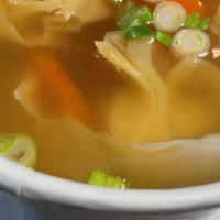 Chicken Wonton Soup · Chicken dumpling in a chicken broth with Napa and lettuce.