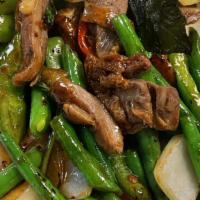 Duck Basil · Duck, onion, green bean, bell pepper, and basil leaves tossed in a  wok with garlic and hot ...