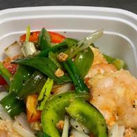Garlic & Pepper Shrimp · Lightly battered shrimp stir fried with onion and bells in garlic and ground pepper. No sauce.