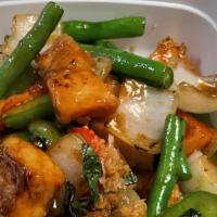 Salmon Basil · Salmon, onion, green bean, bell pepper, and basil leaves tossed in a  wok with garlic and ho...
