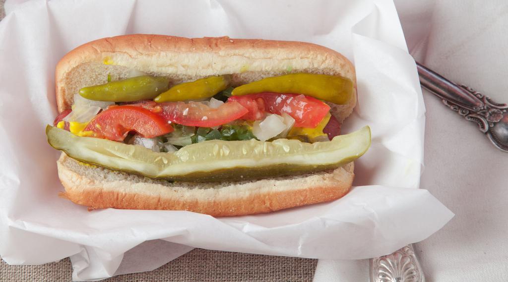 Chicago Classic Dog · Mustard, onions, relish, sport peppers, tomato, pickle, celery salt.