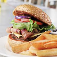 Bacon Cheeseburger · Juicy half pound beef patty topped with crispy bacon, melted cheese, lettuce and tomatoes la...