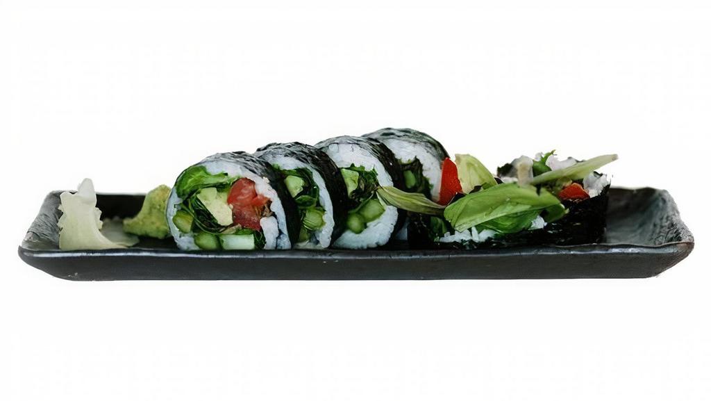 Vegetable Roll · Spring mix, pickled carrot, tomato, cucumber, avocado, asparagus, red onion, side of wafu dressing