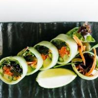 Vegetable Bahn-Mi Roll · Cucumber Wrapped, Pickled Jalapeno and Carrot, Red Onion, Cilantro, Tomato, Avocado, Spring ...
