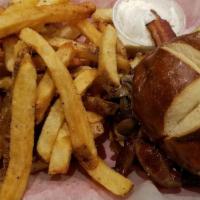 Blue Ribbon Burger · Blue cheese crumbles, bacon, fried mushrooms & fried onions.