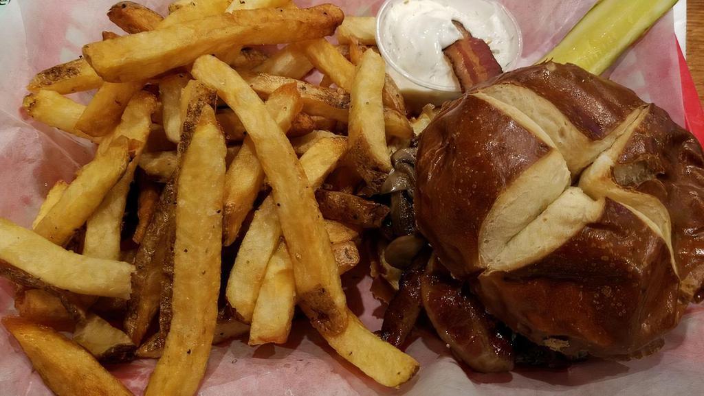 Blue Ribbon Burger · Blue cheese crumbles, bacon, fried mushrooms & fried onions.