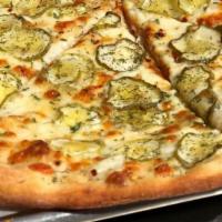 Pickle Pizza · Alfredo, chili flakes, dill pickles, dill