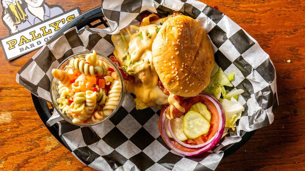 California Chicken · Grilled chicken breast, bacon, swiss, avocado and topped with chipotle mayo. Served with lettuce, tomato, onion and pickles.